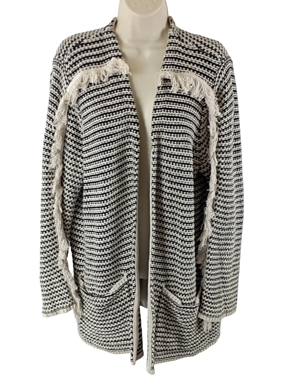 Knox Rose Black & White Striped Fringe Open Cardigan
